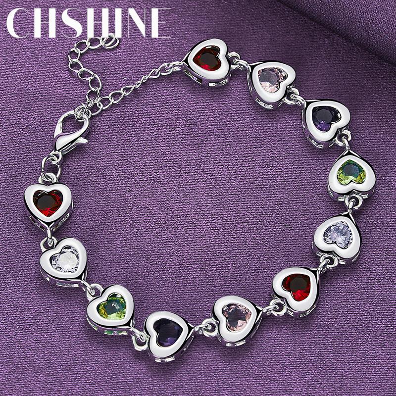 CHSHINE 925 Sterling Silver Heart Color Crystal Chain Bracelet For Women Wedding Fashion Jewelry
