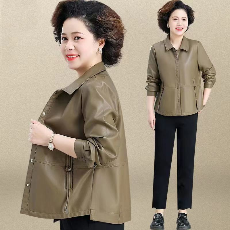 

Кожаная куртка женская новая для среднего и пожилого возраста, наряд для мамы, весенне-осеннее пальто, тонкая короткая кожаная куртка, топ 5XL [145-80 kg] хаки