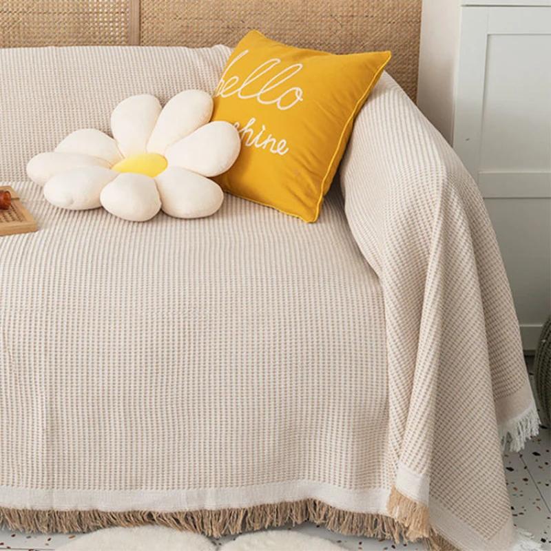Double Sided Usable Sofa Cover High Quality Cotton Yarn Tassel Edge Anti Slip Cover Seasonal Universal Dust Slipcover Blankets
