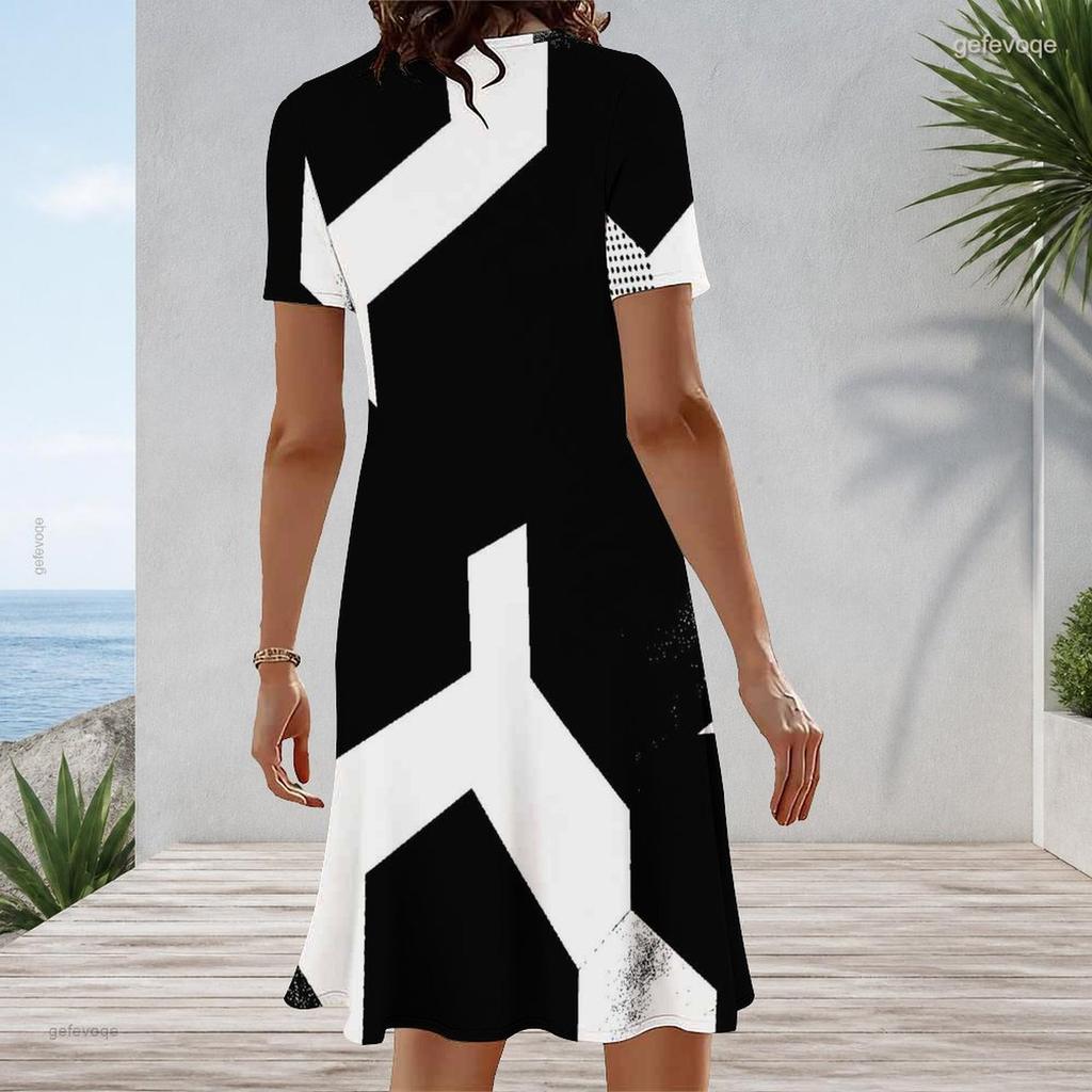 Women Plus Size Round Neck Short Sleeve Black White Printed A Line Dress