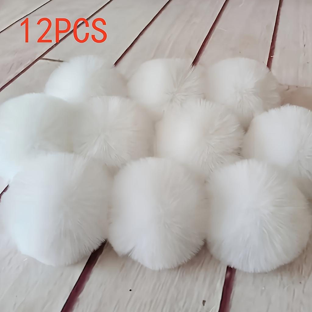 12pcs Extra Large White Faux Fur Pom Poms with Elastic Loop - 2.36 Inch Fluffy Bobble Balls for Crafts, Sewing, Knitting, Hats
