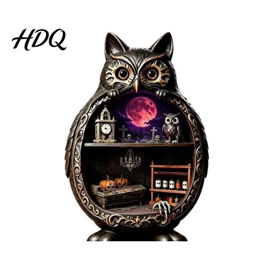 Cozy Halloween Scene Decor Wooden Owl Tabletop Centerpiece 2D Flat Pumpkin Ghost