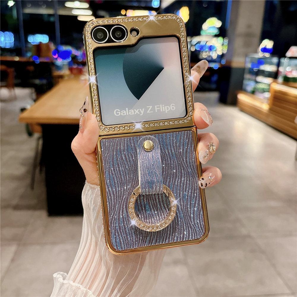 Ring Holder Diamond Case For Samsung Galaxy Z Flip 6 5 4 Zflip 5 Zflip 4 3 Bling Electroplating Cover