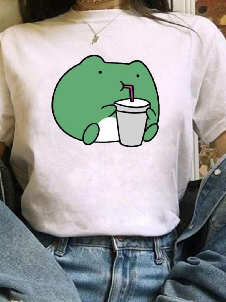 1pcs Skateboard Green Frog Tshirt Cute Green Frog Graphic Tee Women Tshirt Durable Plussize Tshirt Daily Streetwear