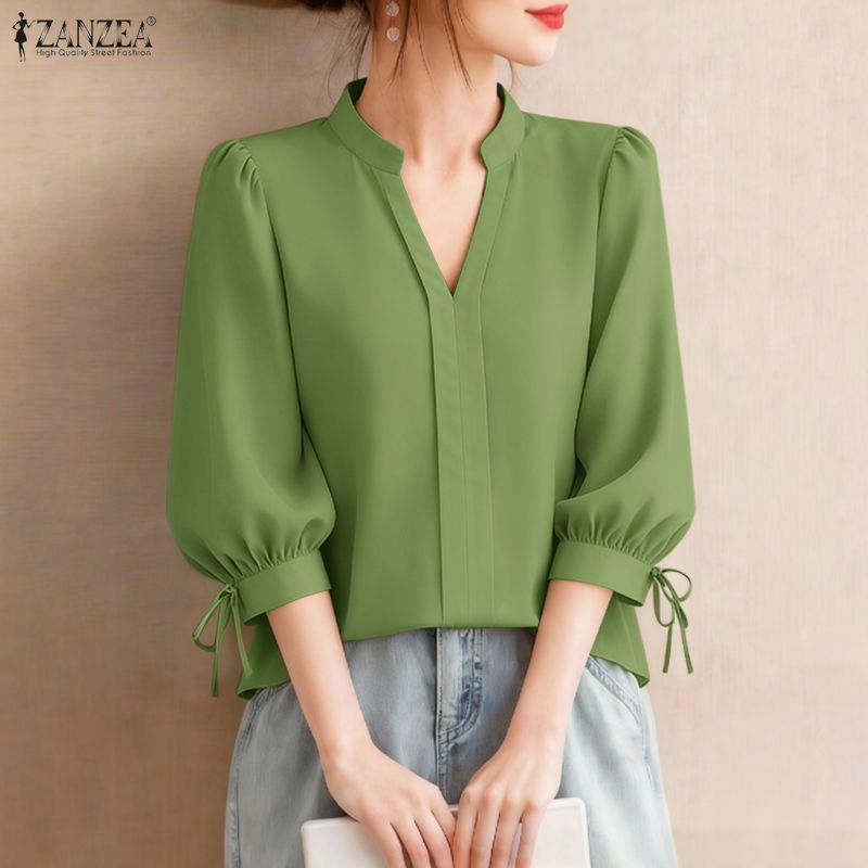 ZANZEA Women CasuaL V-Neck Solid Color 3/4 Sleeve Loose Blouse