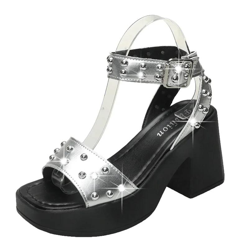 Fashion Shoes for Women New Brand Ankle-wrap Women's Sandals Platform Dress Heeled Sandal Rivet High Chunky Heel Buckle Strap High Heels