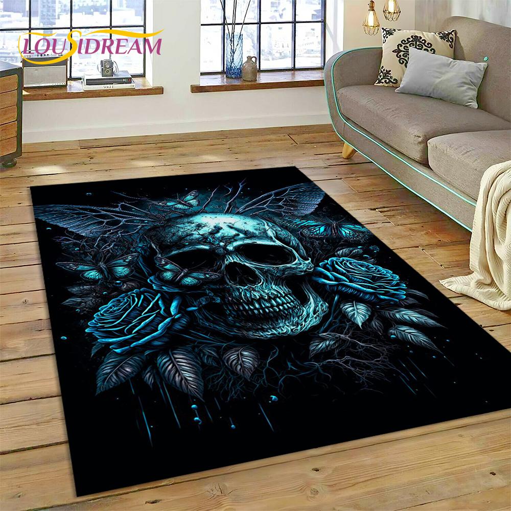 Cartoon Horrible Gothic Skull Flowers Carpet Rug for Home Living Room Bedroom Sofa Doormat Decor,Kid Area Rug Non-slip Floor Mat