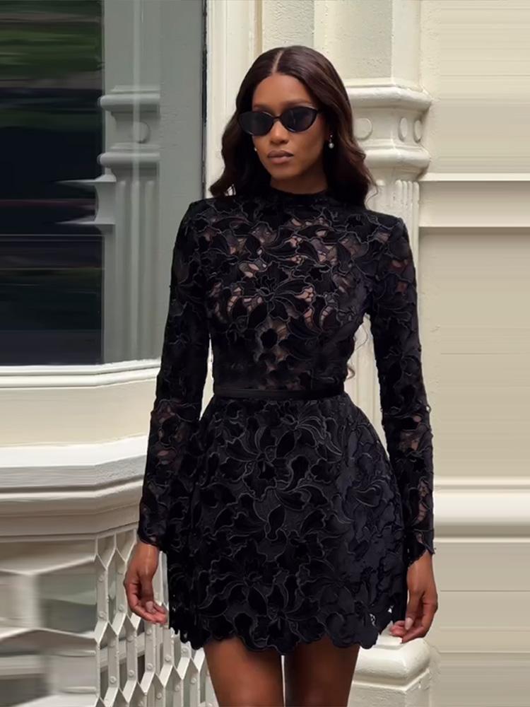 Damen Langarm Durchsichtiges Kleid Damen Blumen Ausgehöhlt Stehkragen Kleid Weihnachtsfeier Geburtstag Rotes Kleid 2025