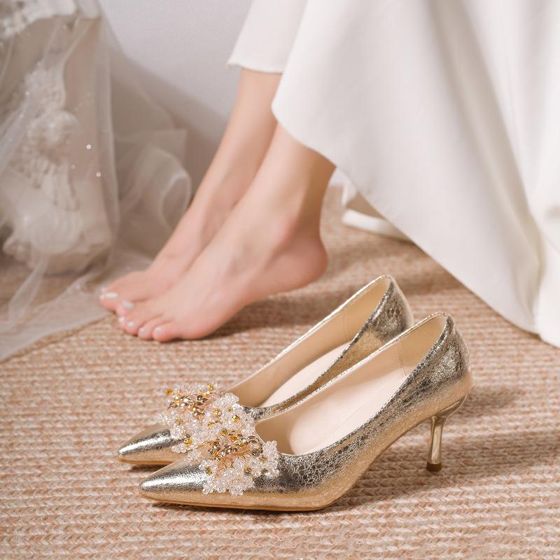 Pointed Stiletto Applique Solid Color High Heels Festive Wedding Dress Wedding Shoes Bride Show Shoes Korean Version of Fashion