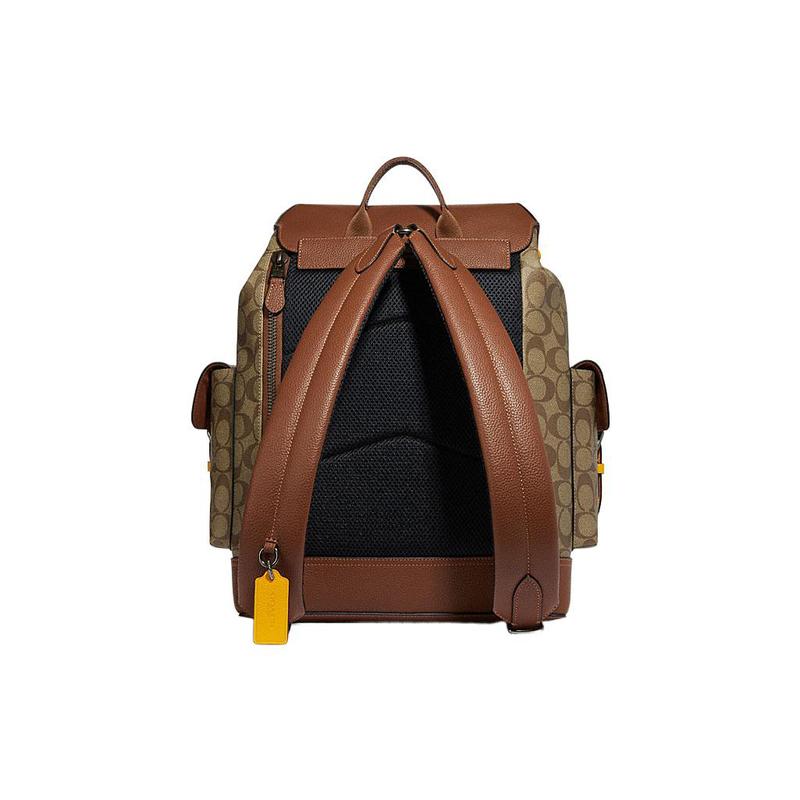 COACH Hudson 30 classic presbyopic color-blocked flip-top drawstring leather and PVC backpack large size unisex couple model brown