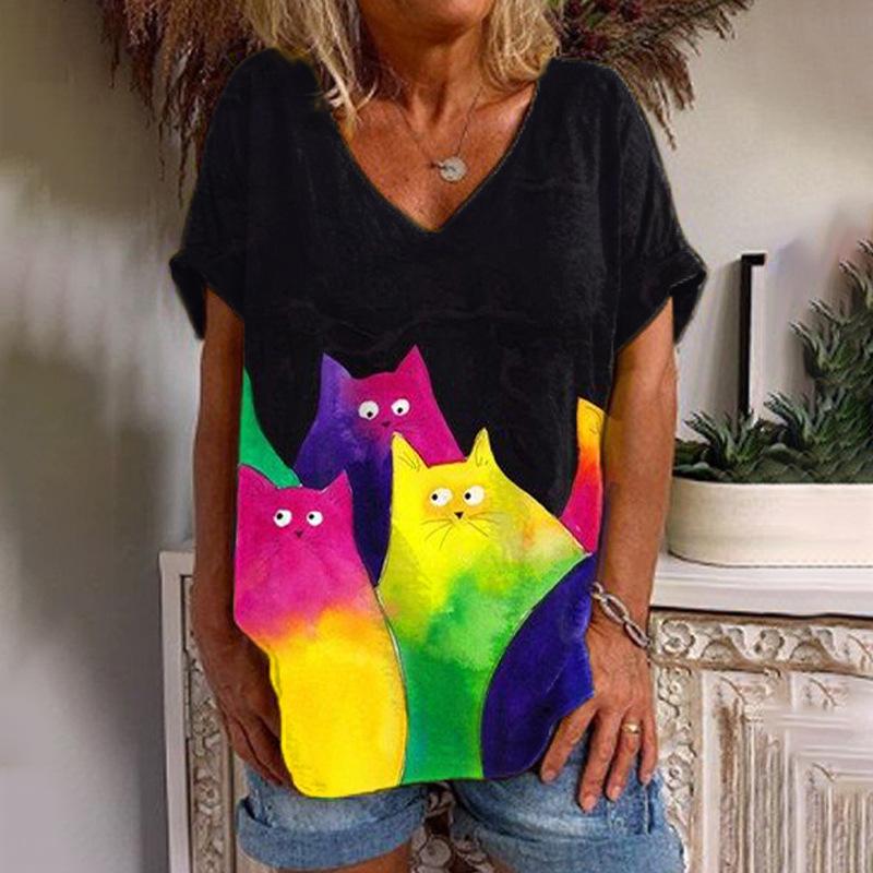 Kawaii Cute 3D Printed Cat Women's T-shirt Women's Clothing Short Sleeve V-neck Summer T-shirt