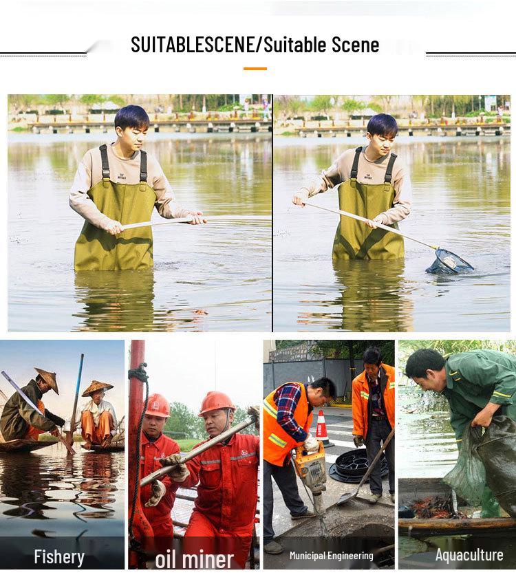 Men's Waterproof Fishing Gear: Rain Pants with Boots, Half-Body Suit, Leather Fork, Full-Body Water Shoes.