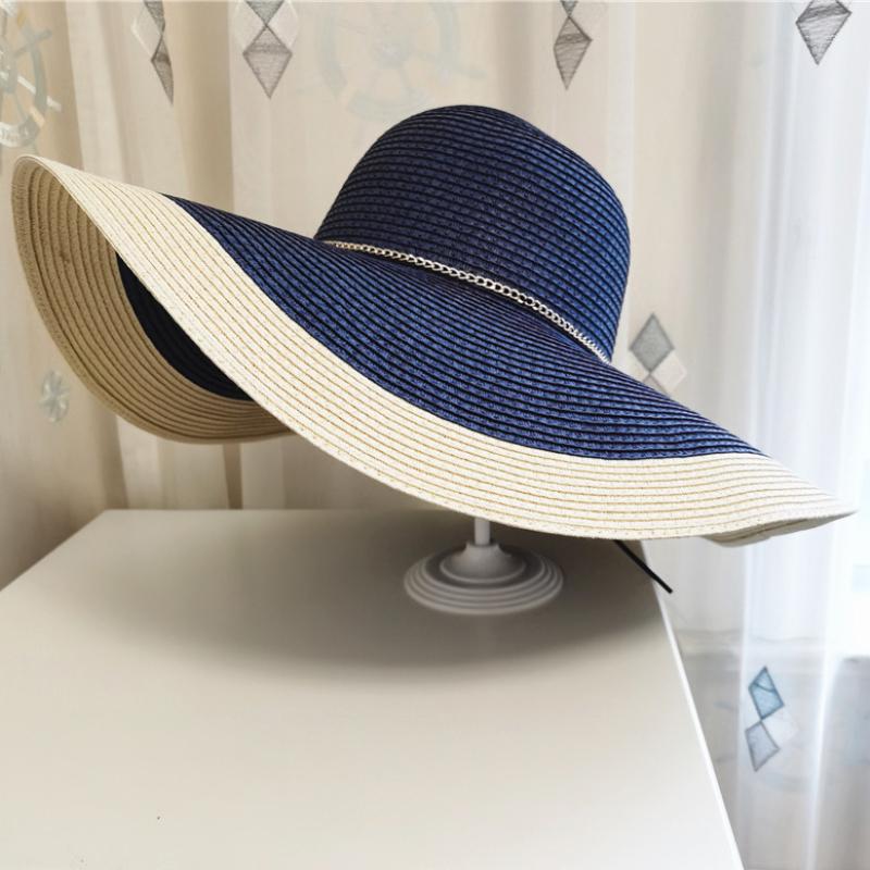 

HT3547 Summer Hat Women Large Wide Brim Beach Hat Lady Patchwork Packable Straw Hat Female Fashion Anti-UV Beach Cap Panama Hat 56-58CM темно-синього кольору