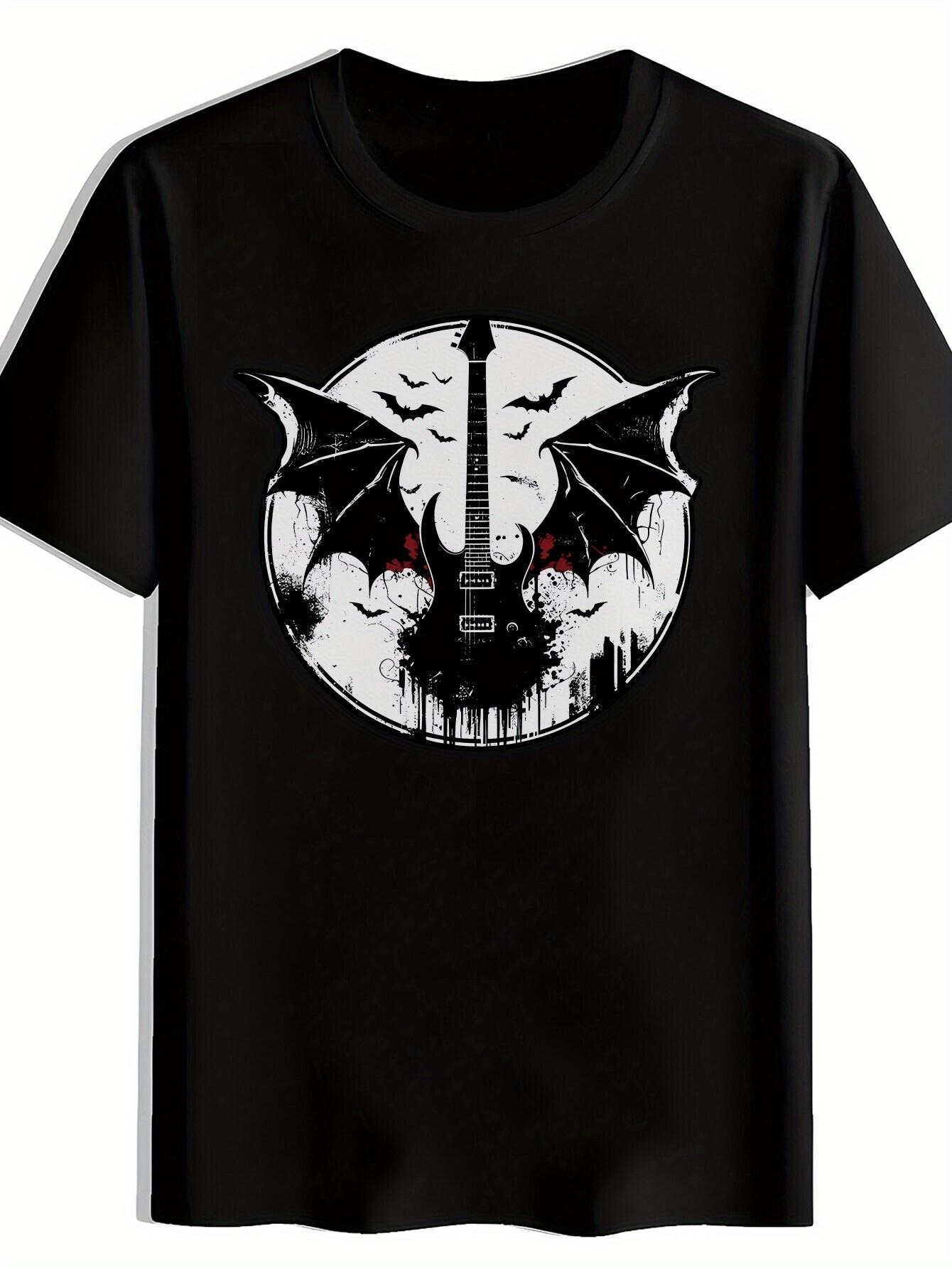 

Gothic Bat Wing Graphic T-shirt - Black Metallic Print Short Sleeve Tee XL