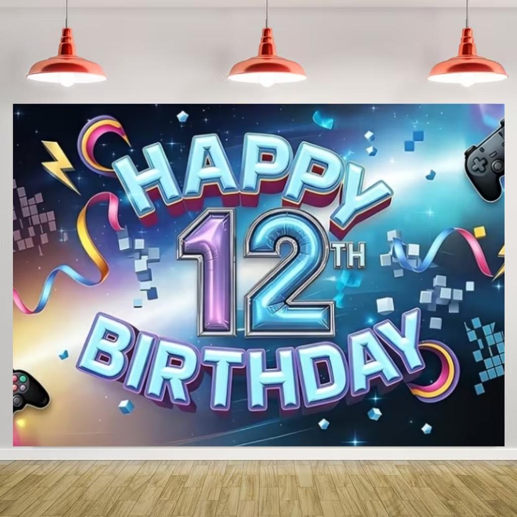 Happy 12th Birthday Banner Black Gold Balloon Background Party Decoration Boys Girls Birthday  Photography Backdrop Kids Gifts
