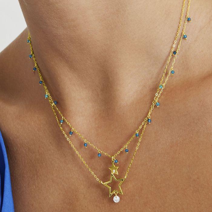 Collier - LUXENTER - Zysuo - Argent 925 - Or jaune 18K - Cristal bleu foncé