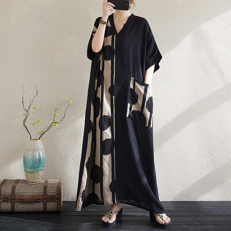 Echter Schuss Sommer neu literarisch große Größe locker Druck V-Ausschnitt kurzärmeliges Kleid Damen langes Kleid