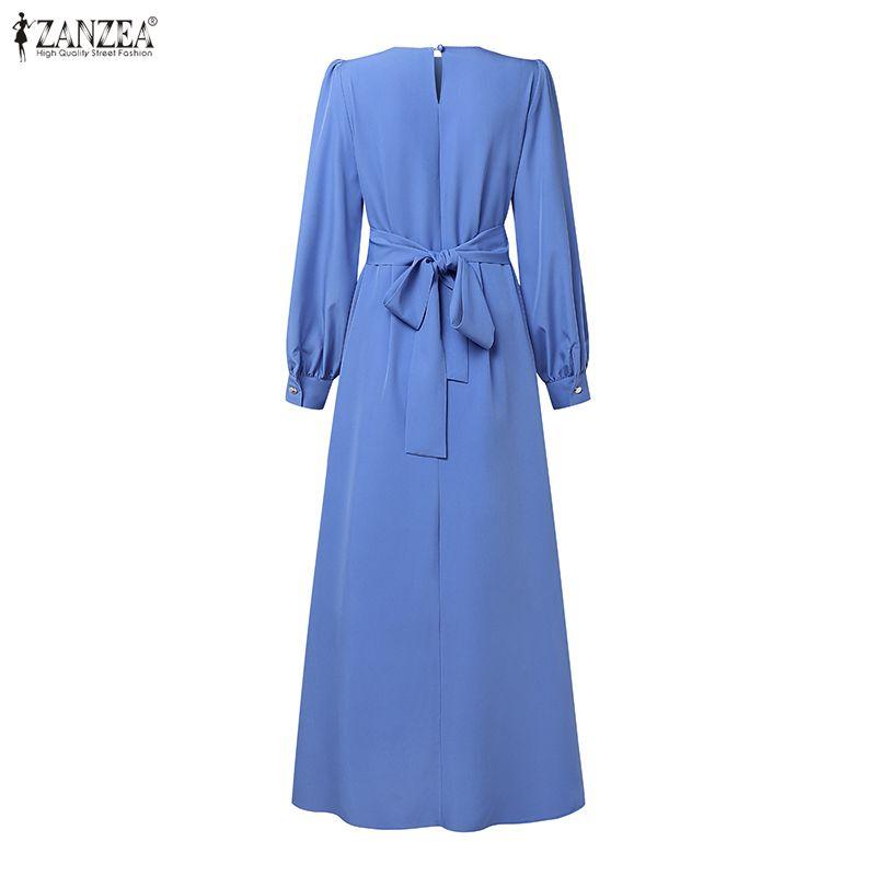 ZANZEA Muslim Women Casual Round Neck Long Sleeve Loose Long Dress