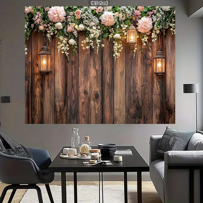 2D Romantic Wood Flower Backdrop, Vintage Plank Wall with Pink Blooms for Engagement Party