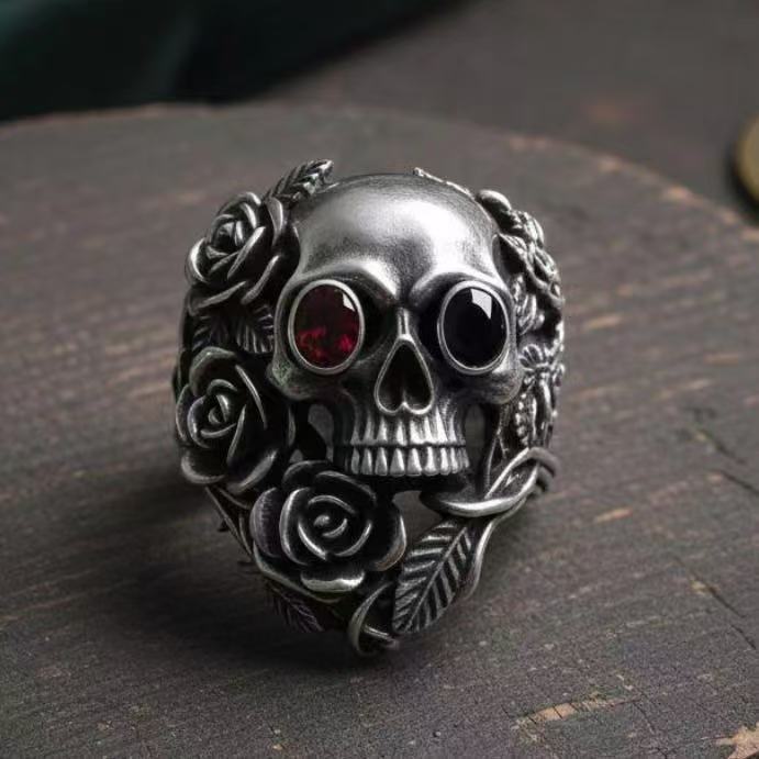 

Personality Heavy Industry Skull Punk Index Finger Ring Vintage Rose Flower Vine Open Adjustable Ring resizable чёрный