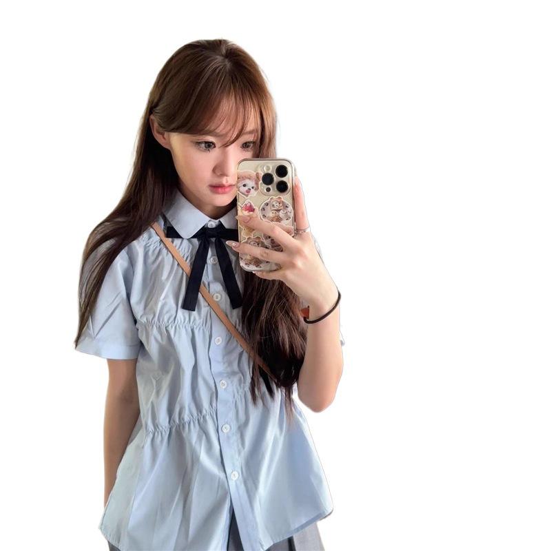 Női Nyári Kék Rövid Ujjú fodros Babydoll Póló - Koreai Főiskolai Stílusú JK Egyenruha