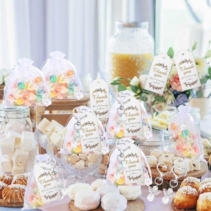 30Pcs Angel Wing Charm Keychain Decorative Key Holder with Drawstring Gauze Bag and Labels for Baby Showers Wedding