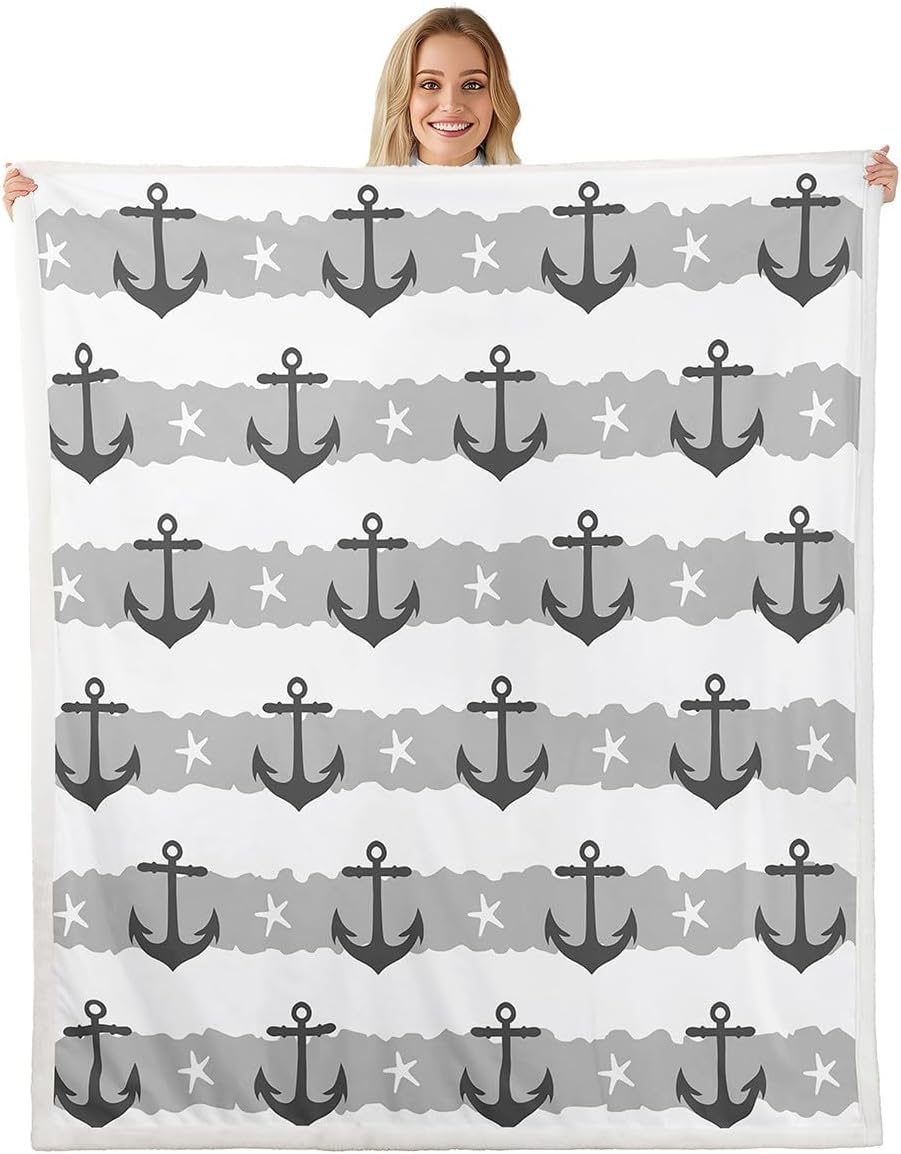 

Anchor blanket nautical design red and cream pattern soft throw beach decor bedroom textile maritime accessory 75x90cm