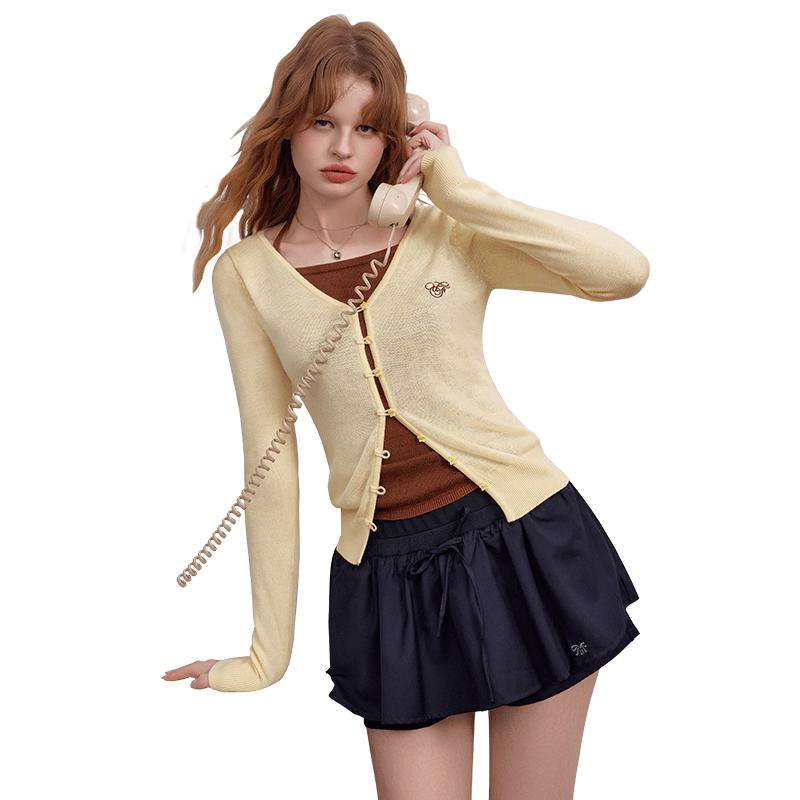 UNIFREE Women's Faux Two-Piece Embroidered Slim-Fit Knit Top