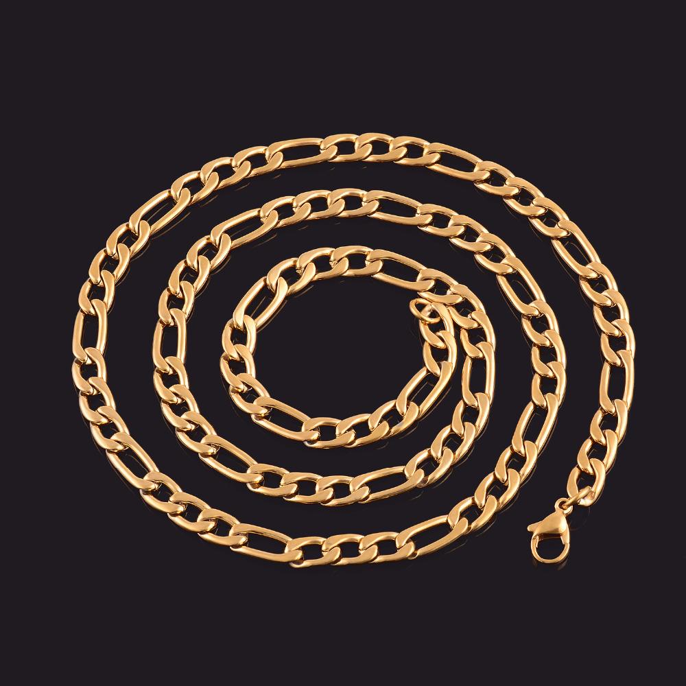 Classic Gold Color Plated Stainless Steel Necklace Link Figaro Chain for Men Women Metal Choker Neck Jewelry Accessories Gift