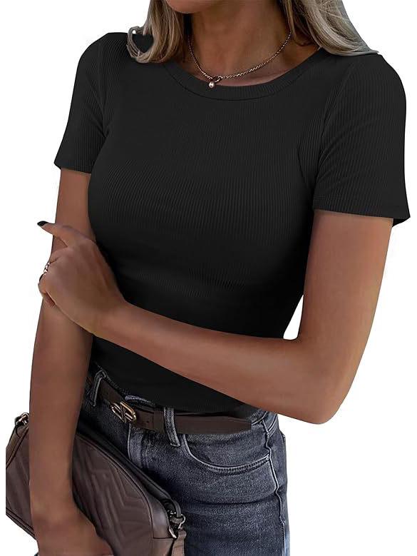 Women's Summer Ribbed Short Sleeve Stretchy Slim Fit Round Neck T-shirt