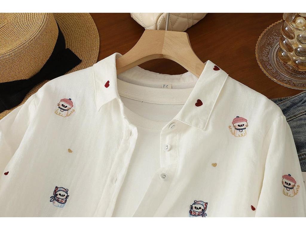 Women's Artistic Cartoon Embroidery Cotton Gauze Long Sleeve Shirt - Fresh & Soft Skin-Friendly Top