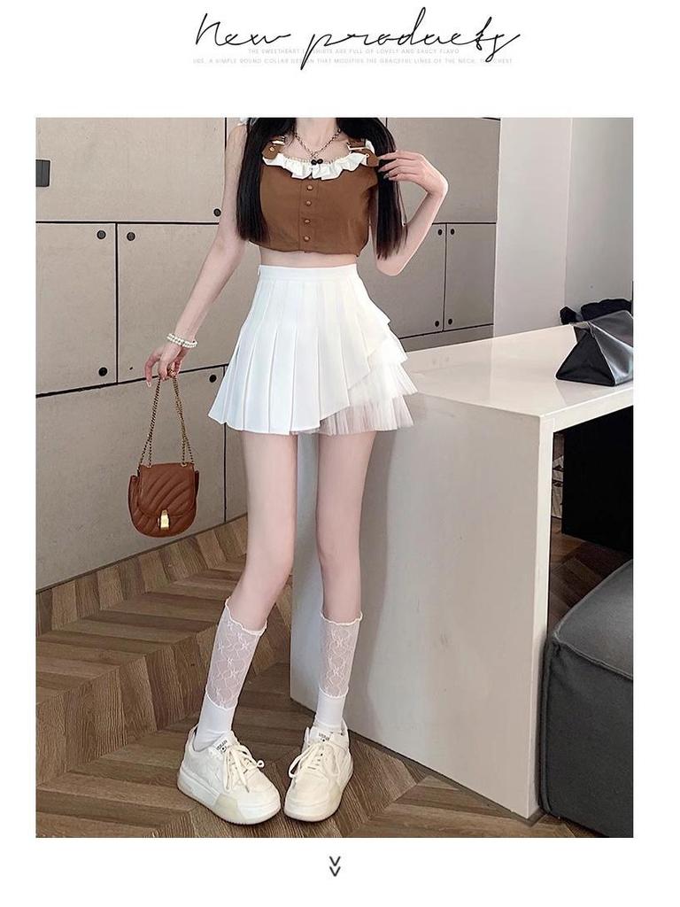 High-Waist A-Line Mesh Pleated Skirt: Women's Summer/Spring 2024 Short Skirt Pants