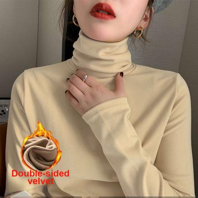 Doppelseitiges Fleece Hoher Kragen Basisschicht Damen Herbst Winter Neu Schmal Geschnitten Trendige Unterwäsche Dickes Warmes Langarmshirt Damen