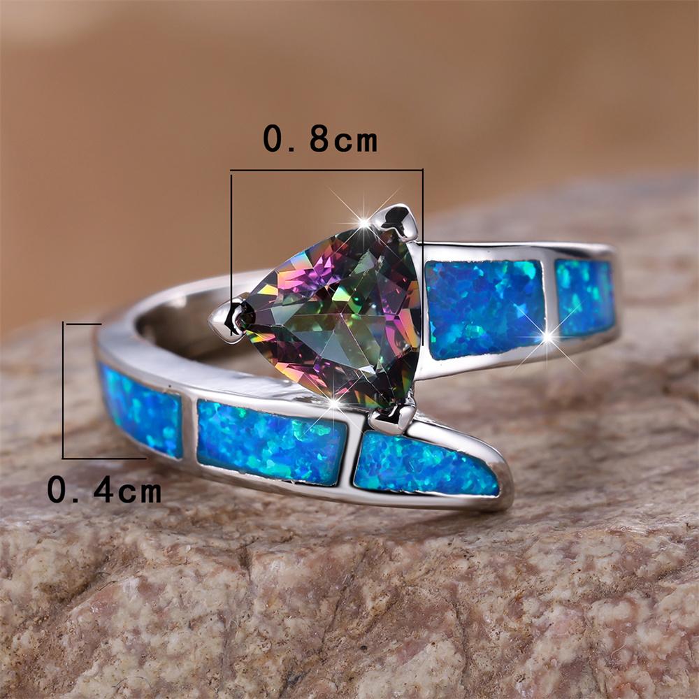 Mystic Rainbow Triangle CZ Stone Ring Blue Fire Opal Engagement Band Rings For Women Vintage Trendy CopperColor Wedding Jewelry