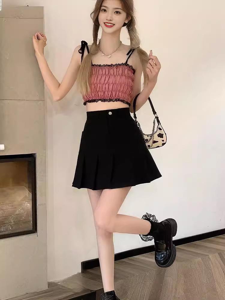 2024 College Style Petite High Waist A-line Pleated Midi Fishtail Skirt