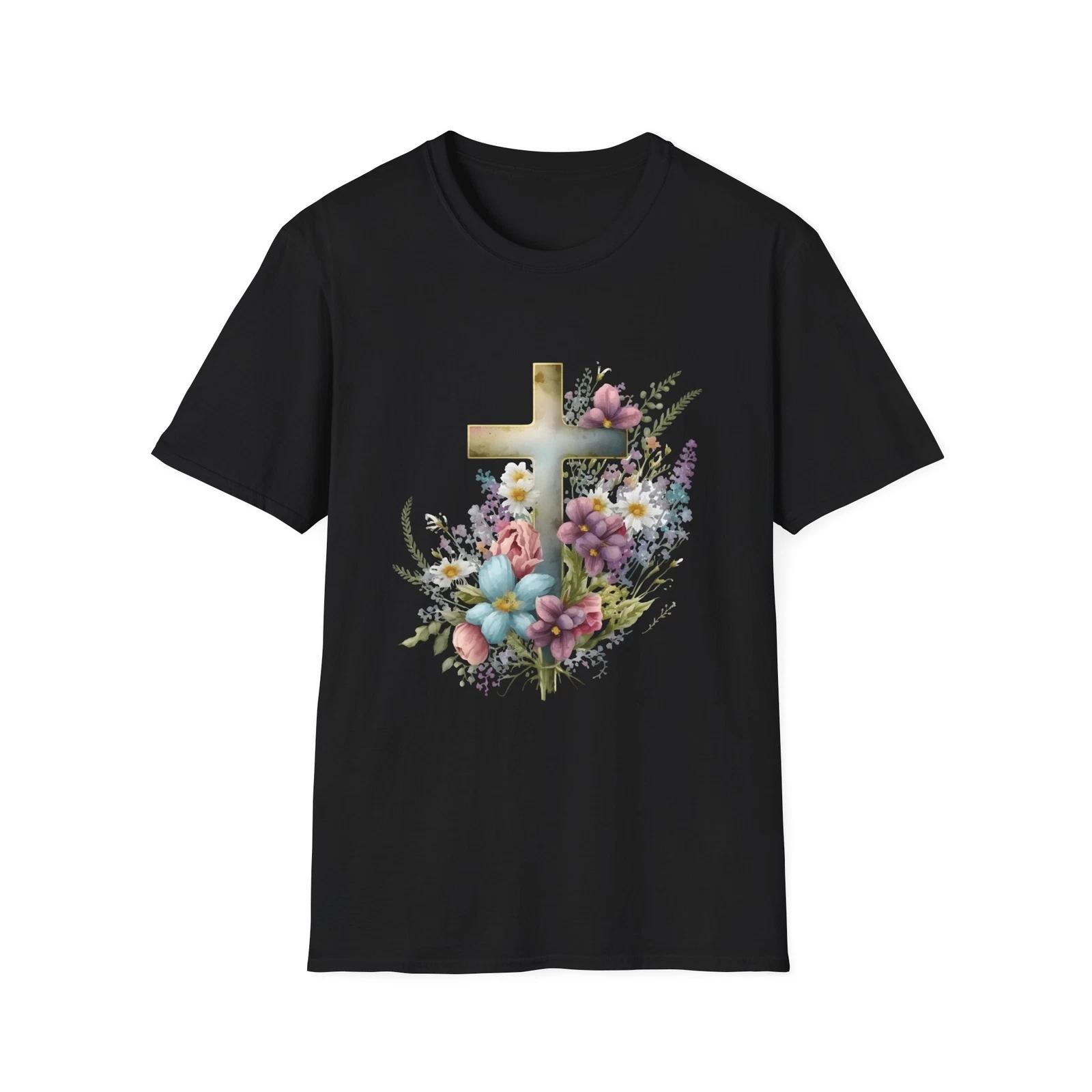 Floral Cross T-Shirt, Unisex Softstyle Tee, Faith Apparel, Spring Wear, S