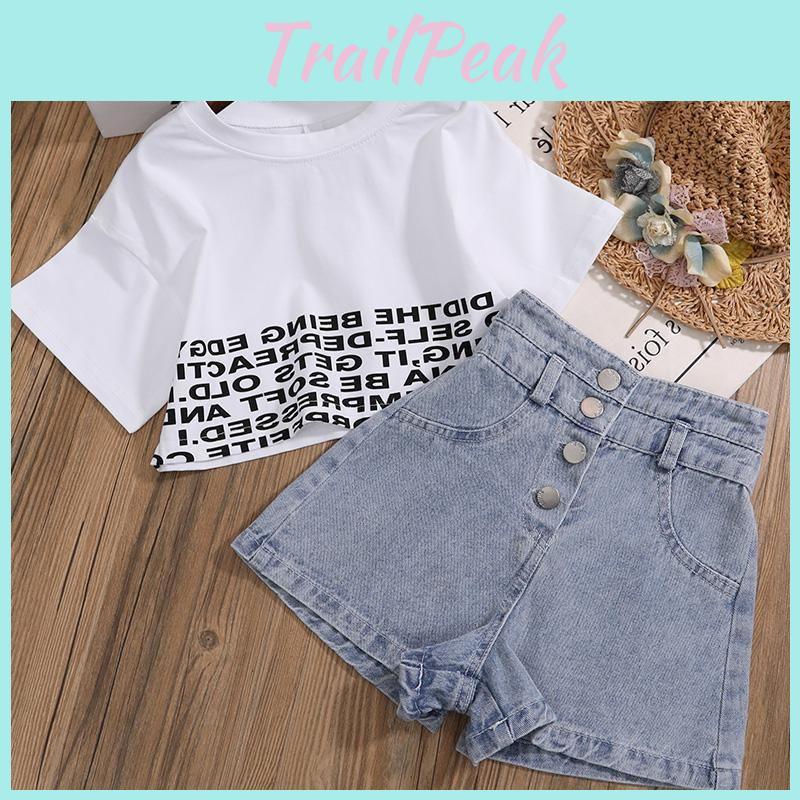 Clothes Ngirls Summer Girl Set Crop Tops Tshirt Denim Shorts 2pcs Girl Outfits Baby Girls Clothing 412 Year