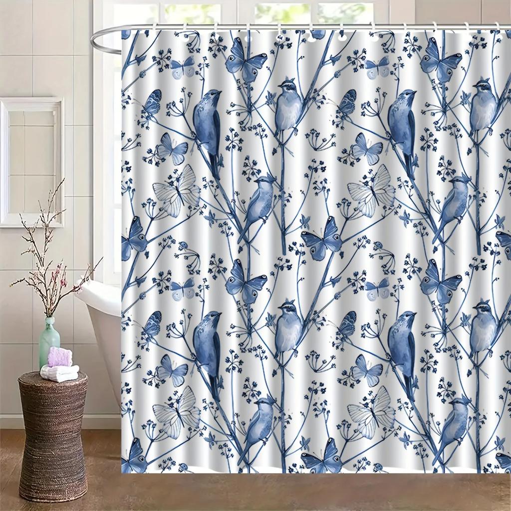 Blue Bird Print Bath Curtain - Water-Resistant, 12 Hooks, Polyester Knit, Machine Washable, Animal Pattern
