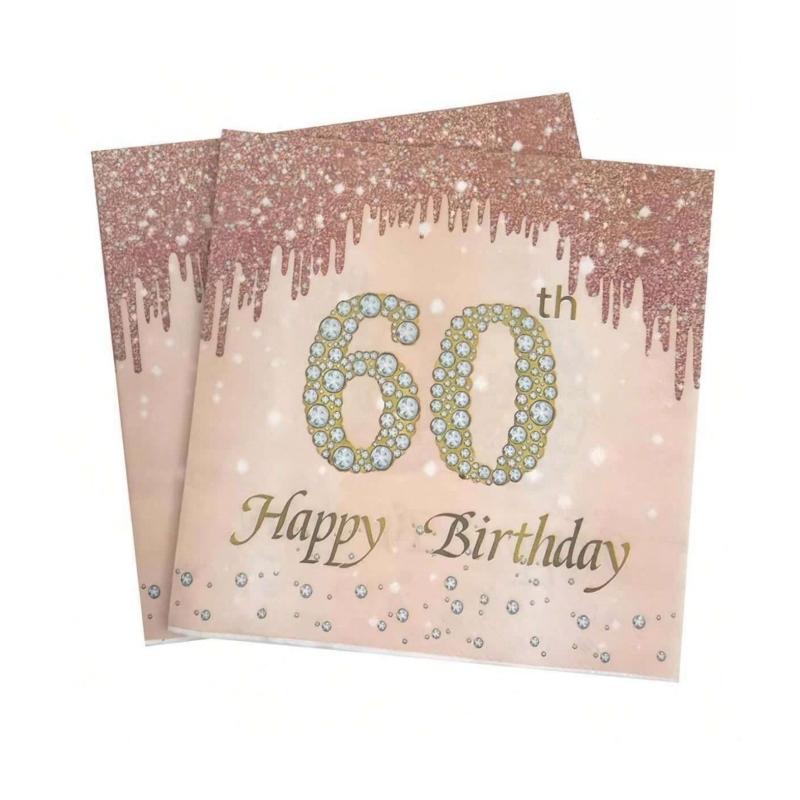 20pcs Pieces/pack, 40, 50, 60, 70 Year Old Rose Gold Diamond Printed Happy Birthday Napkins, Birthday Party Table Decorations