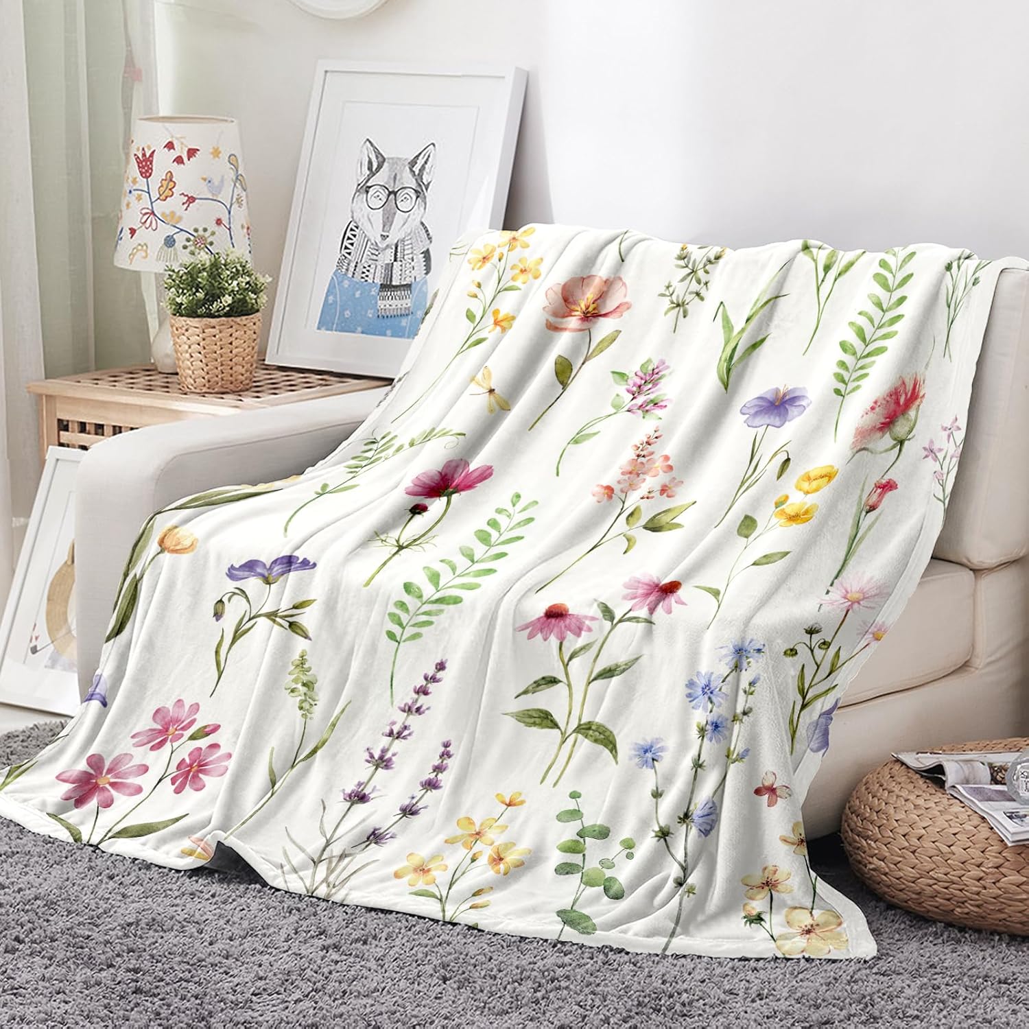 

Wildflowers Floral Throw Blanket Botanical Floral Printed Blankets Soft Lightweight Fluffy Plush Fuzzy Bedding Sofa Travel 75cmx90cm
