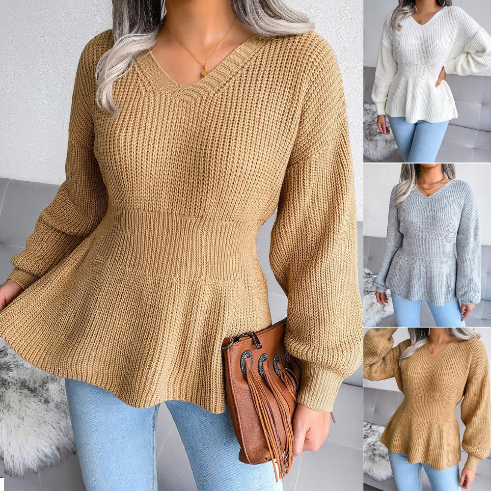 Maglione lavorato a maglia arricciato con orlo a vita e maniche a lanterna autunno e inverno