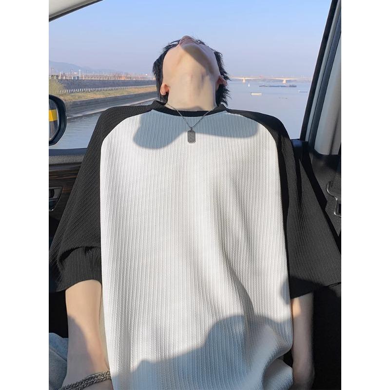 Текстурный Контрастный Цвет Короткие Рукава для Мужской Ледяной Шелк Тонкий Летний Новый Американский Хай Стрит Свободный Половина Рукава M