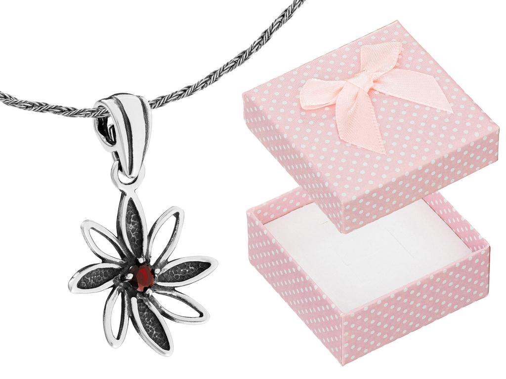 Short Silver Women's Necklace Flower With Red Zirconia Flower Choker 38