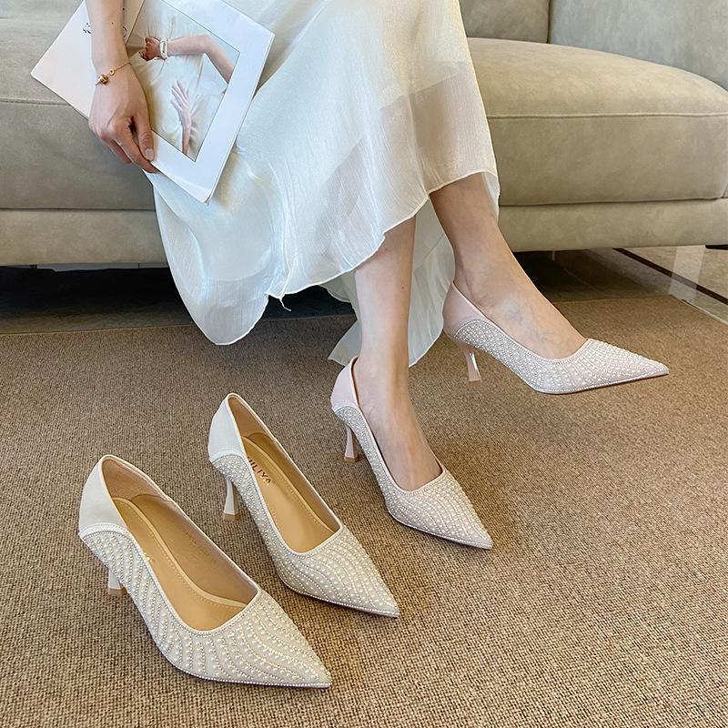 B835-ES87 Zigeuner spitze Zehen flacher Ausschnitt hohe Absätze Damen 2025 neu Frühling und Sommer Braut Hochzeit Stiletto Hochzeitsschuhe