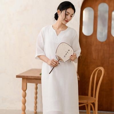 Damen Stickerei Floral Vintage Kleider V-Ausschnitt Halbarm Roben Einfarbig Sommer Chinesischer Stil Kleider