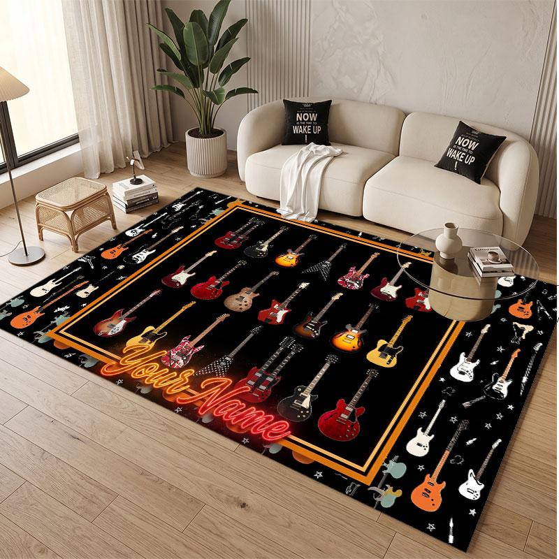 Music Guitar Theme Soft Crystal Velvet Rug Custom Name & Text Print Non Slip Floor Rug for Bedroom Living Room