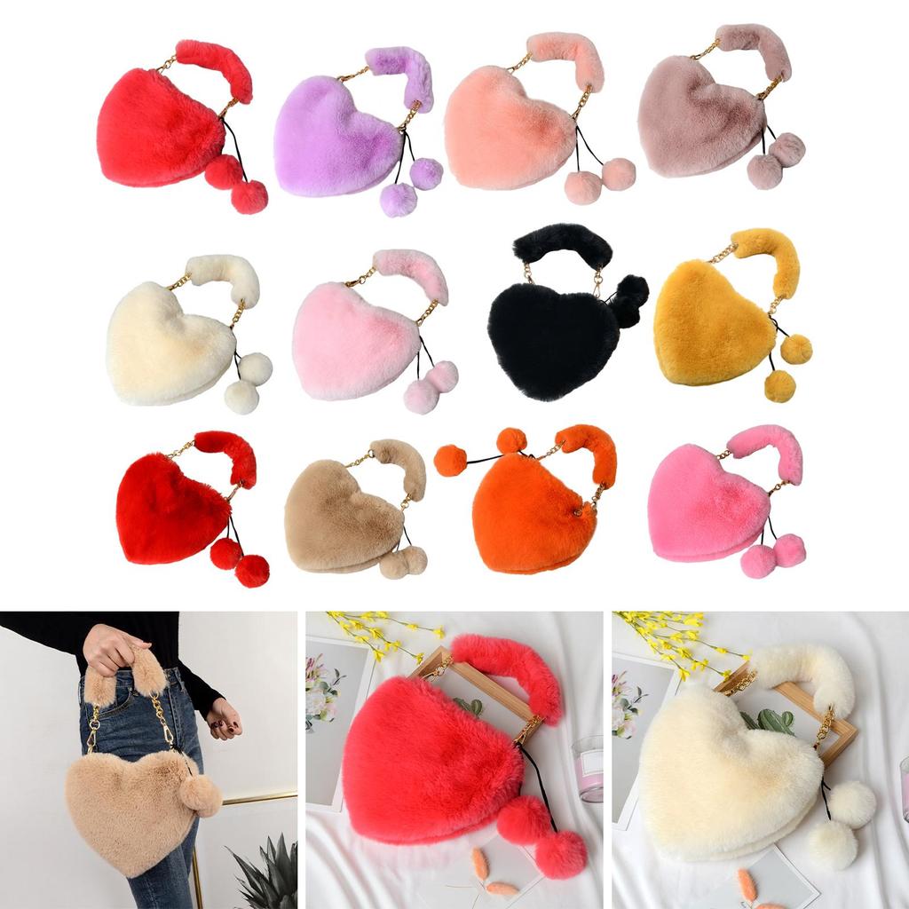 Women's Heart Shaped Faux Fur Wallet Purse Chain Shoulder Bag Winter Tote Purse Messenger Satchel