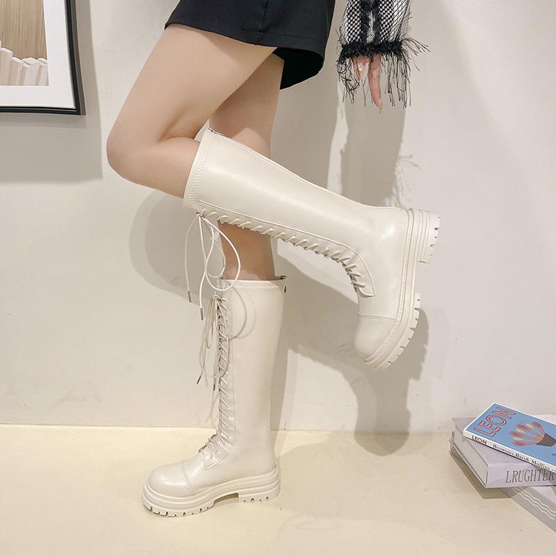 Модные зимние сапоги женская обувь сексуальные туфли на высоком каблуке высокие сексуальные сапоги на шнуровке с круглым носком женские 2024 выше колена осенние резиновые каблук 5 см 35 бежевый 5579₽