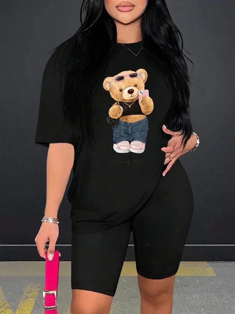 Cute Fashion Plush Bear Women's Shorts Soft Regular Short Sleeves Sweet Pretty Clothes Sports Comfortable Women Clothing Y2K Top