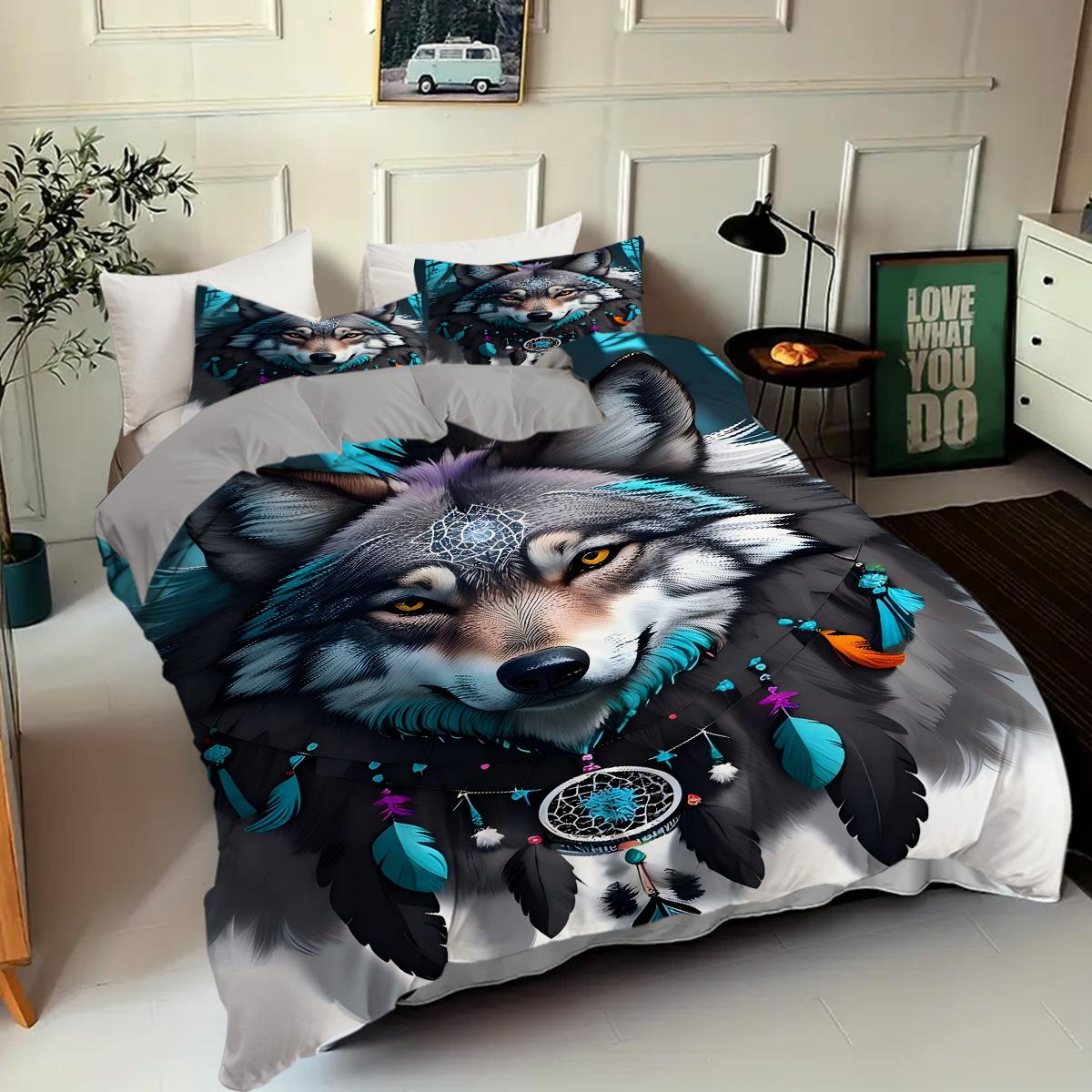

Colorful Wolf Head Pattern 3D Print Duvet Cover Soft Comfortable Dreamy Style Bedding Set Wildlife Theme Quilt Cover Pillowcases 135x200cm 2pcs